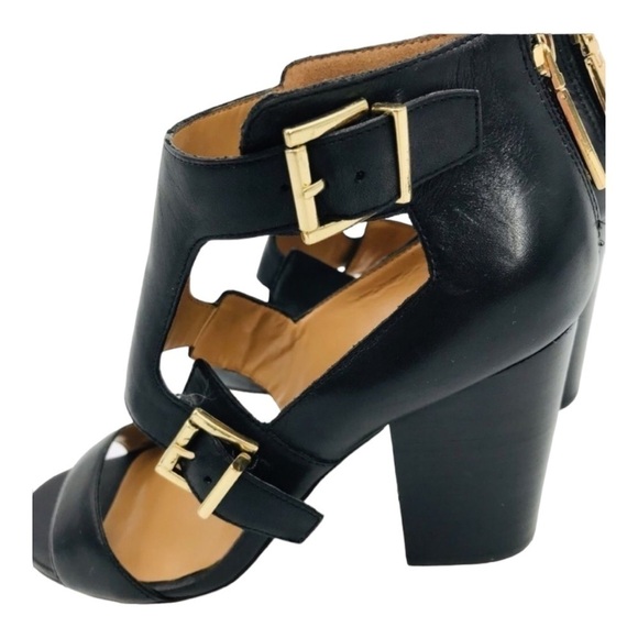 TOMMY HILFIGER Black and Gold Wide T-Strap Buckle Up Leather Shoes size 7.5 - Picture 7 of 13